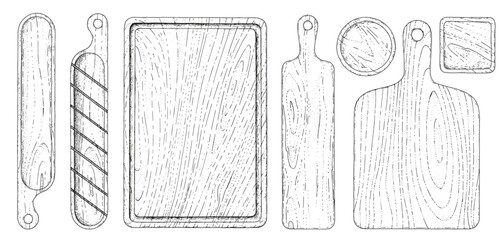 Vector set of different cutting boards. Hand-drawn sketches engraving style. Collection of wooden tableware. Wooden boards for cutting baguette and bread. Isolated objects on a white background