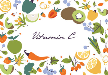 Vector illustration various of food with vitamin C sources. Fruits and vegetables enriched with ascorbic acid. Nutrition background.