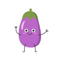 Eggplant hand greeting cute character cartoon face smiling happy joy emotions vegetable aubergine icon children's vector illustration.