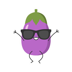 Eggplant jumping cute character cartoon face smiling happy joy emotions vegetable aubergine icon children's vector illustration.