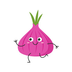 Red sweet onion running cute character cartoon emotions joy happy smile face icon beautiful vector children's illustration.