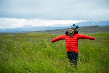 Summer time of Asian woman enjoy trip in Iceland 