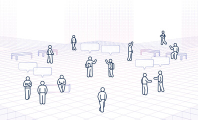 metaverse platform concept. simple outline virtual world with various people icons. editable stroke illustration