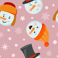 Cartoon snowmen in winter hats. Vector seamless pattern on pink background. Winter holiday design for wallpaper, fabrics, wrapping paper.