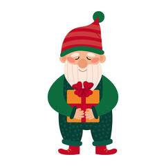 Happy cute xmas little gnome with beard. Cute elf dwarf with a gift. Colored vector illustration of fairytale character isolated on white background.