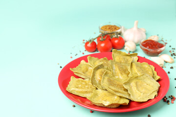 Delicious food concept with ravioli on white background