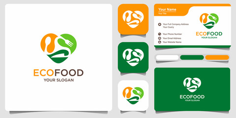 Eco food love logo and healthy food logo . combination spoon, fork, knife,with heart and leaf shape