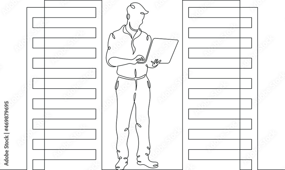Poster it specialist is holding a laptop. data center, server cabinet. digital technologies. working with t