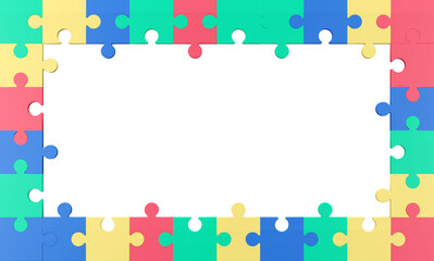 Colorful puzzle composition on white background. 3D render illustration. Clipping path of each element included.