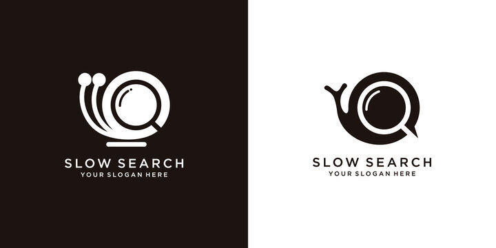 set of slow search .combination Snail with magnifying glass, logo design template Premium Vector