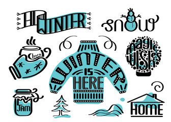 Winter doodle text illustration. Vector line art. Holiday stickers element