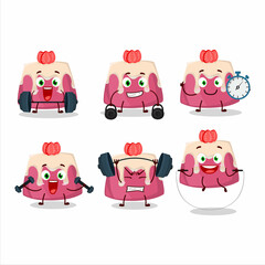 Fototapeta premium A healthy strawberry pudding cake cartoon style trying some tools on Fitness center