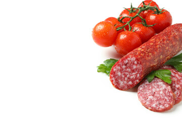 Сoncept of tasty food with salami sausage isolated on white background