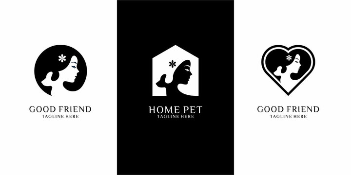 set of women hugging dogs, minimalist logo design template. negative space logo style Premium Vector