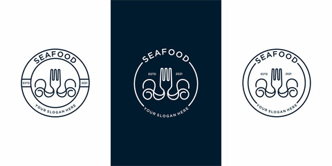 set of seafood logo with combination fork and squid. Premium Vector © muh