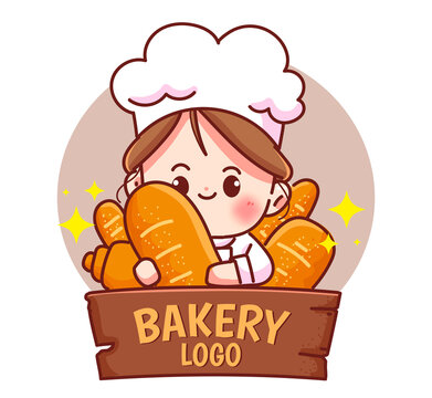 Chef woman bakery logo food and restaurant hand drawn cartoon art illustration