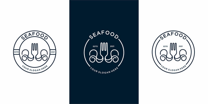 set of seafood logo with combination fork and squid. Premium Vector
