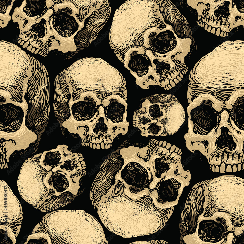 Poster vector image of seamless texture with skulls on black background