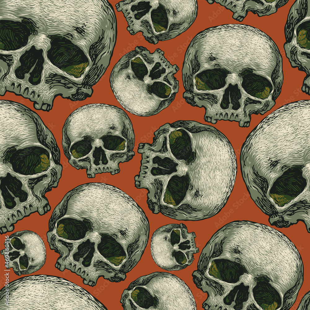 Poster vector image of seamless texture with skulls on black background