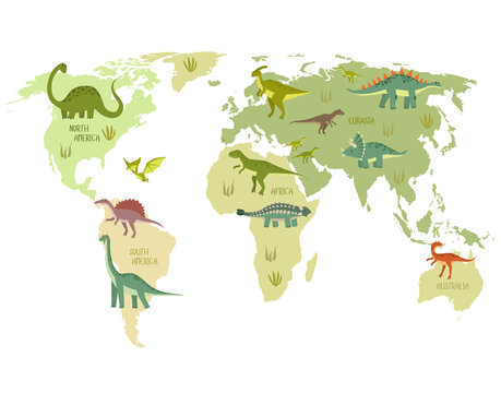 Print. World Map With Dinosaurs. Dino World Map. Cartoon Dinosaurs.