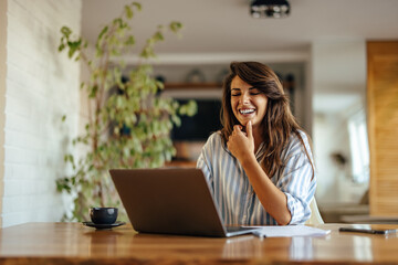 Fototapeta premium Relaxed caucasian woman, joinning a conference call