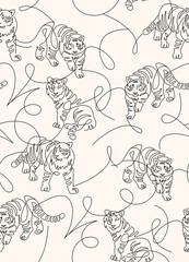 Trendy pattern with the image of wild animals tigers from lines on a cream background.