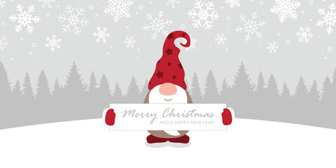 cute christmas gnome with red clothes and blank card