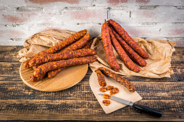 Traditional smoked paprika sausages, various levels of drying