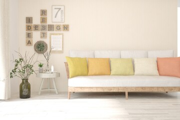 Stylish room in white color with sofa. Scandinavian interior design. 3D illustration