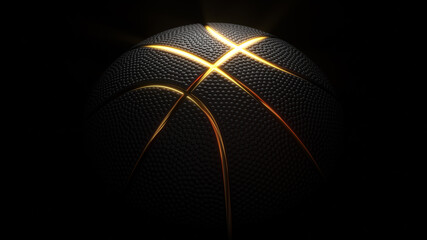 Basketball ball background. Black basketball ball with golden glowing lines and dimple texture. Futuristic sports concept. 3d rendering