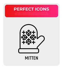 Mitten with ornament thin line icon. Modern vector illustration.