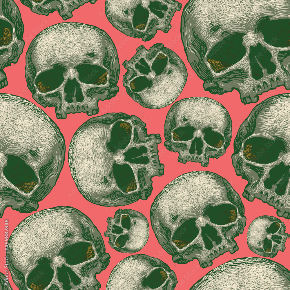 Poster vector image of a solid texture with skulls on a pink background