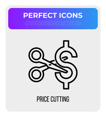 Cut price thin line icon: scissors cutting dollar sign. Special offer. Modern vector illustration.