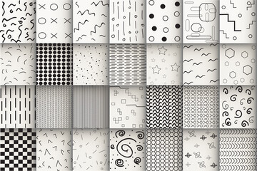 Memphis design pattern set isolated on white background. Collection of fashion backdrops. For web site, poster, placard, wallpaper and cover. For fashion design, textile and cloth decoration, vector