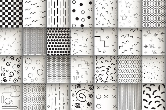 Memphis design pattern set isolated on white background. Collection of fashion backdrops. For web site, poster, placard, wallpaper and cover. For fashion design, textile and cloth decoration, vector
