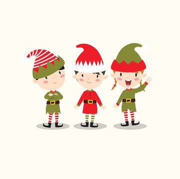 Print. Vector set of funny cartoon elves. Little people. Santa's helpers.