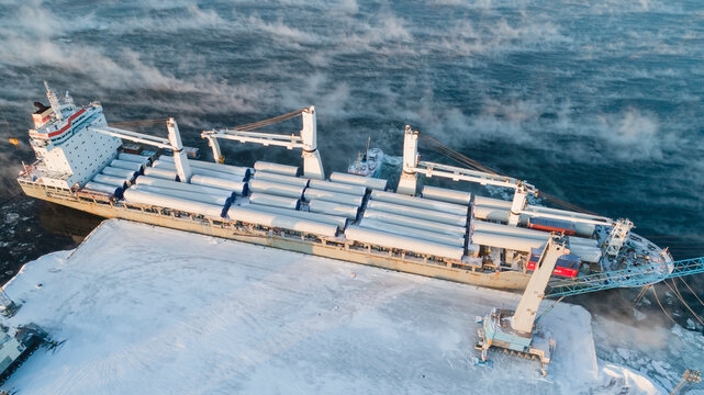 Aerial view of ship in harbor in winter