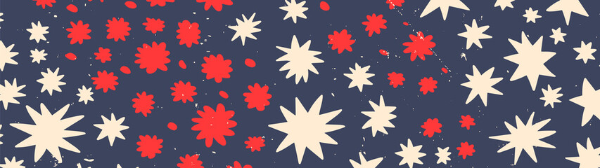 vector banner for website - 70s style starry night sky. Abstract horizontal border with star shapes. Hippie style and groovy hand drawn