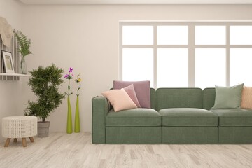 White living room with sofa. Scandinavian interior design. 3D illustration