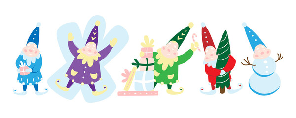 Funny little dwarfs. Children's characters. Winter holidays and activity. New Year and Christmas