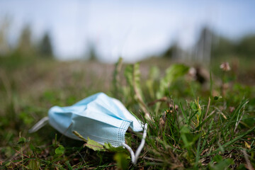Protective face mask lost in grass