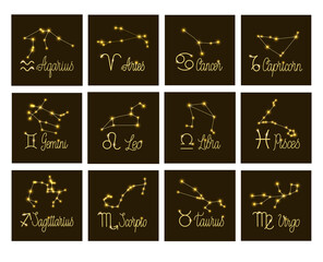 Fototapeta na wymiar A set of zodiac signs with inscriptions, stars and constellations. Twelve signs on a brown background. Vector illustration