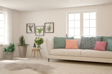 Stylish room in white color with sofa. Scandinavian interior design. 3D illustration