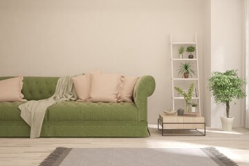 White living room with sofa. Scandinavian interior design. 3D illustration