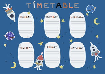 School timetable with space elements. Back to school. Vector background.