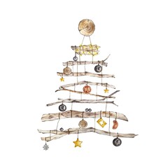 Wall-mounted wooden Christmas tree in eco-style. White background