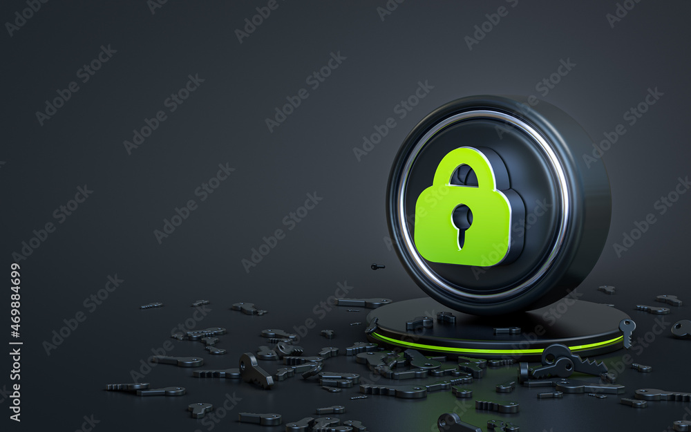 Poster lock and key sign 3d rendering abstract dark realistic iconic background for social banner template