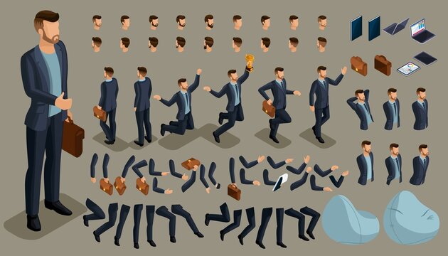 Isometric cartoon people, 3D Set for creating an office worker character. Full length gestures. Create your own design for vector illustrations