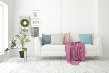 White living room with sofa. Scandinavian interior design. 3D illustration