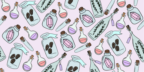 Seamless pattern with colorful magic cartoon bottles and love potions. Vector illustration. Magic elixir hand drawn pattern design. Scandinavian style magician pattern